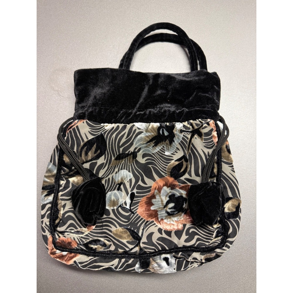 J&X NY Black Velvet Floral Burnout Zebra Print‎ Drawstring Handbag Evening Bag